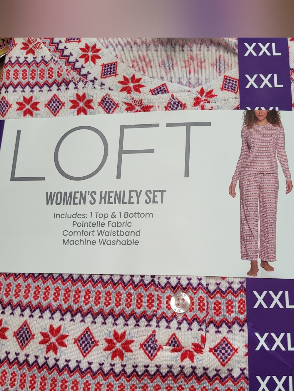 LOFT Women's Henley Pajama Set - White Purple Pink & Red Pattern  XXL NWT